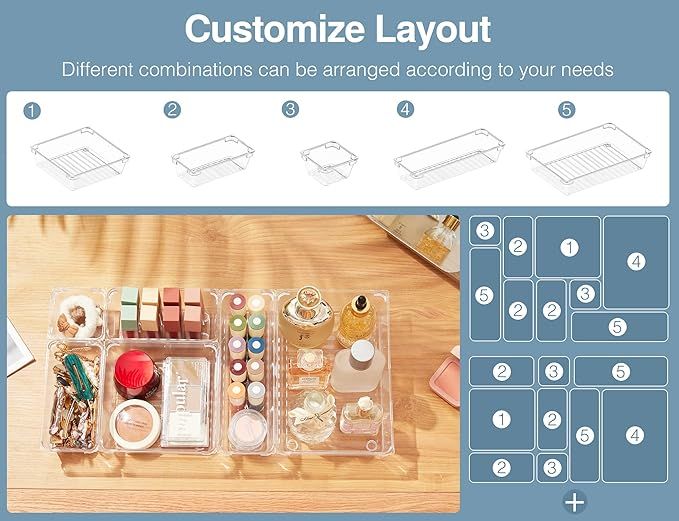 Puroma 24Pcs Drawer Organizer Set 5-size Versatile Vanity and Bathroom Clear Plastic Desk Trays a... | Amazon (US)