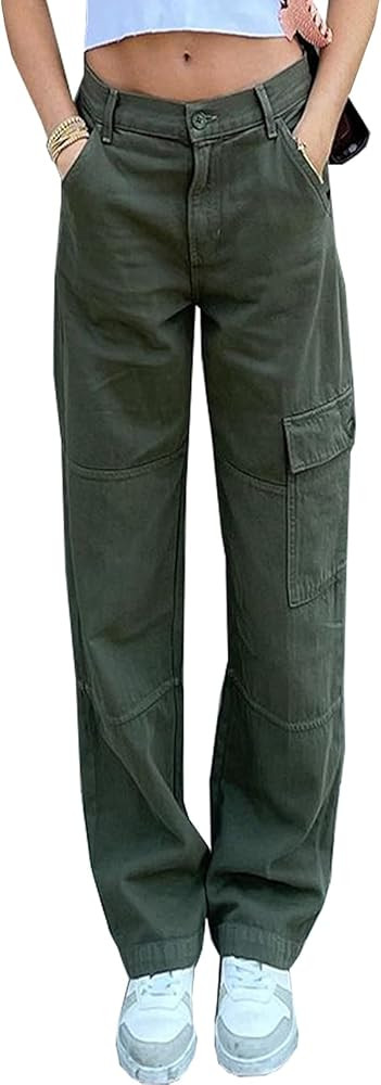 Women's High Waist Baggy Jeans Flap Pocket Relaxed Fit Straight Wide Leg Y2K Fashion Cargo Jeans | Amazon (US)