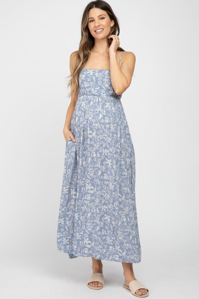Blue Floral Back Cutout Maternity Midi Dress | PinkBlush Maternity