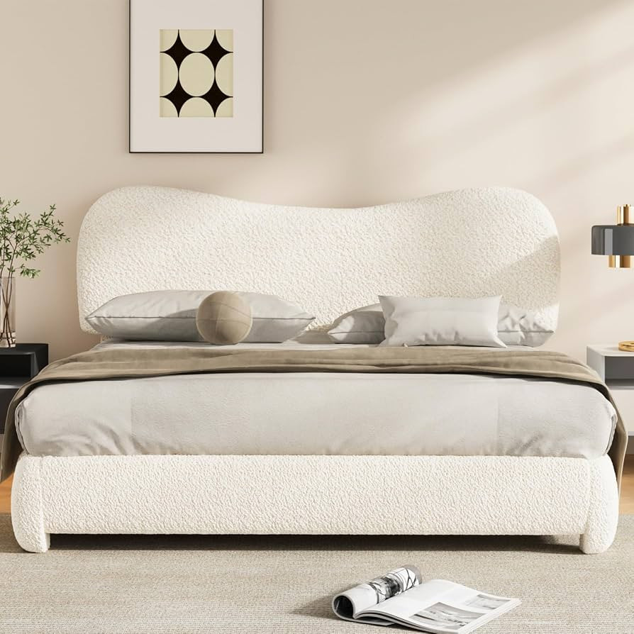 4ft6 Double Boucle Bed Frame Double Upholstered Platform Bed with Curved Adjustable Headboard, No... | Amazon (UK)