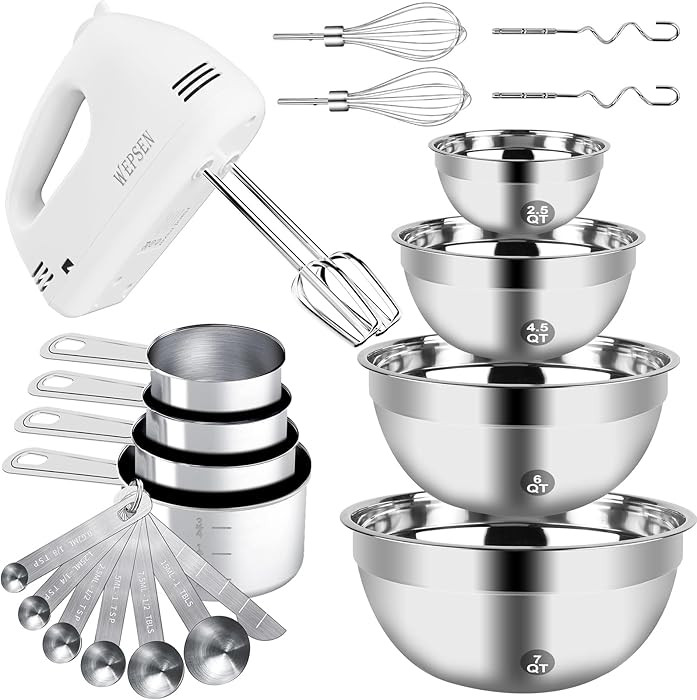 Hand Mixer Electric Mixing Bowls Set, 5 Speeds Handheld Mixer with 4 Nesting Stainless Steel Mixi... | Amazon (US)