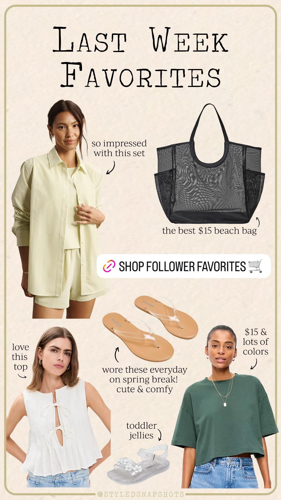 Last week follower favorites 
1. Matching seersucker set - might be my new favorite! I took all smalls and code 20KENDALL gets you 20% off your first order
2. The best $15 beach tote 
3. $35 jelly sandals - I’ve been wearing these non stop! I’m a true 7.5 and went with 8s 
4. Toddler jelly sandals 
5. Boxy tshirt only $15 and several colors 
6. Cute top for summer and vacation - I wear a small  