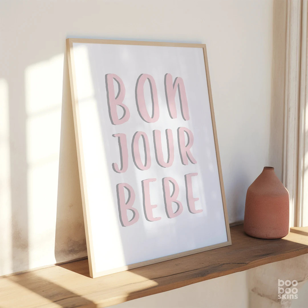 Bonjour Bebe Print | French Kids Art | Pastel Blue Pink Decor | Minimalist Nursery Art Poster | C... | Etsy (US)