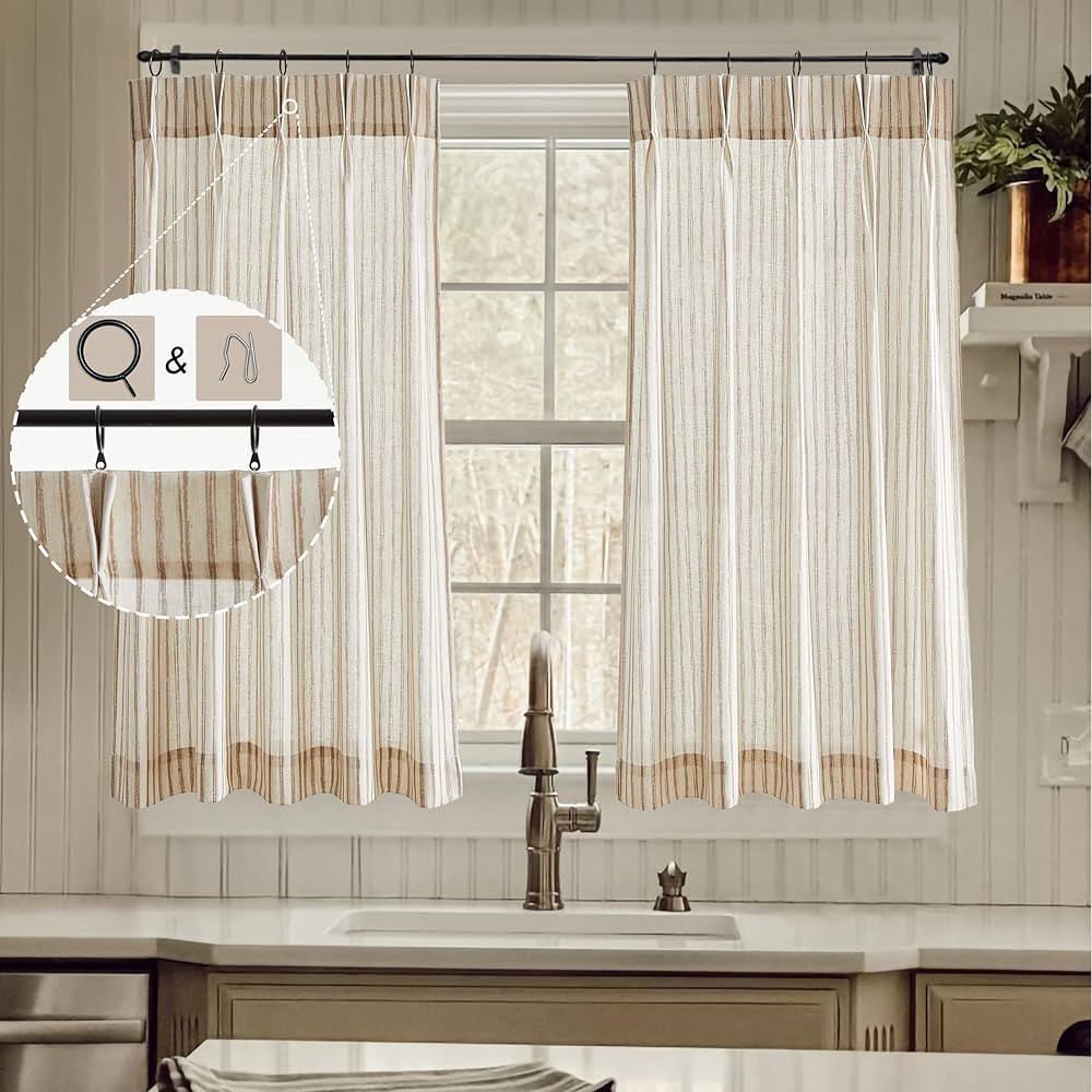 Kitchen Window Curtains Over Sink,Cafe Curtains 36 inch Length Striped Linen Curtain Rings with H... | Amazon (US)