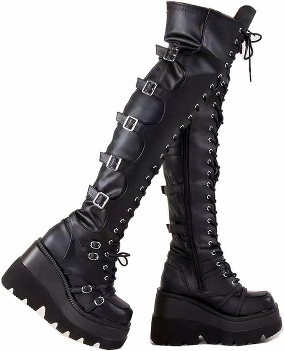 Gothniero Black Platform Boots Over Knee Thigh High Goth Boots for Women Chunky Heel Rave Motorcy... | Amazon (US)
