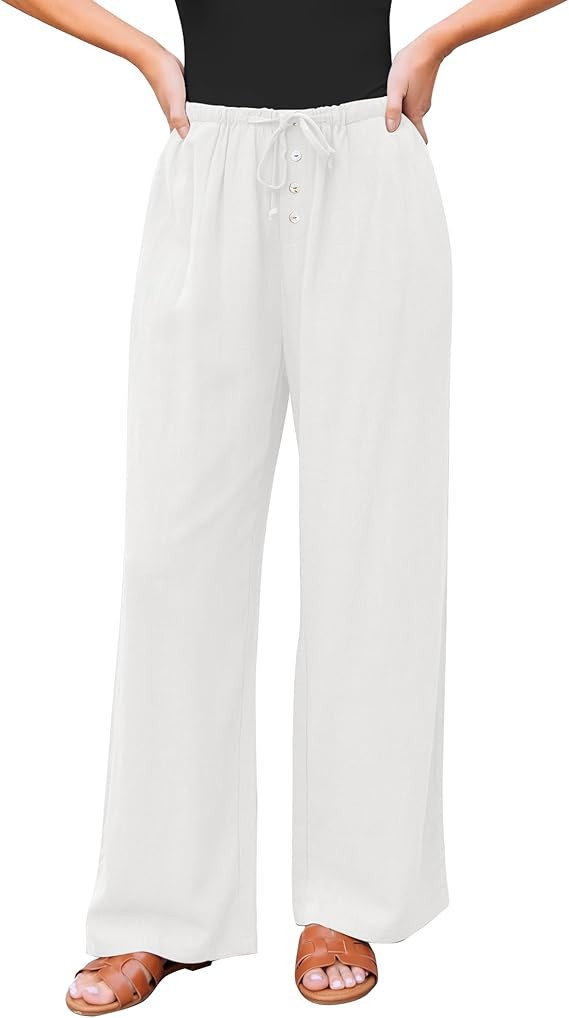 GRAPENT Linen Wide Leg Pants Woman High Waisted Pull On Button Drawstring Baggy Casual Summer Pal... | Amazon (US)