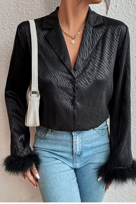 Look for less! This has revolve style written all over it for a fraction of the price! Silk button down, fur trim, feather trim top, date night outfit, dressy outfit, classy outfit 

#LTKunder50 #LTKFind #LTKstyletip
