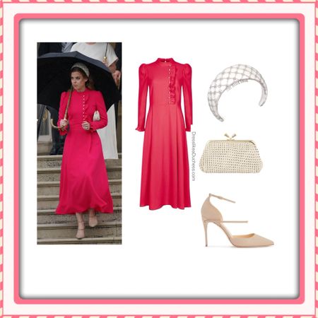 Princess Eugenie garden party look Beulah London dress and Anya Hindmarch clutch and Chamandi enrico heels 