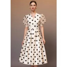 Polka Dot Puff Sleeve Wrap Midi Dress in Cream for Cocktail Event & Date Night | Chicwish