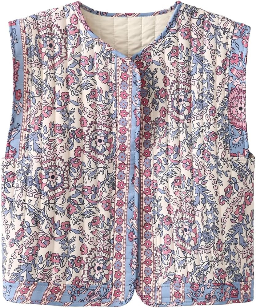 Perbai Womens Floral Cropped Puffer Vest Lightweight Open Front Sleeveless Quilted Cardigan Jacke... | Amazon (US)