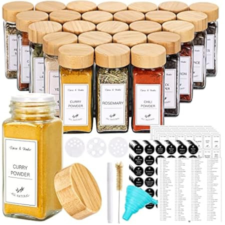 NETANY 24 Pcs Spice Jars with Bamboo Lids - 4 oz Round Glass Spice Jars with Labels , Minimalist Far | Amazon (US)