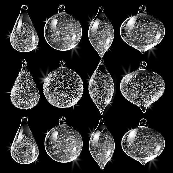12-Pack Clear Hand Blown Glass Ornaments, Snow/Crystal/Teardrops/Vintage Style | Amazon (US)