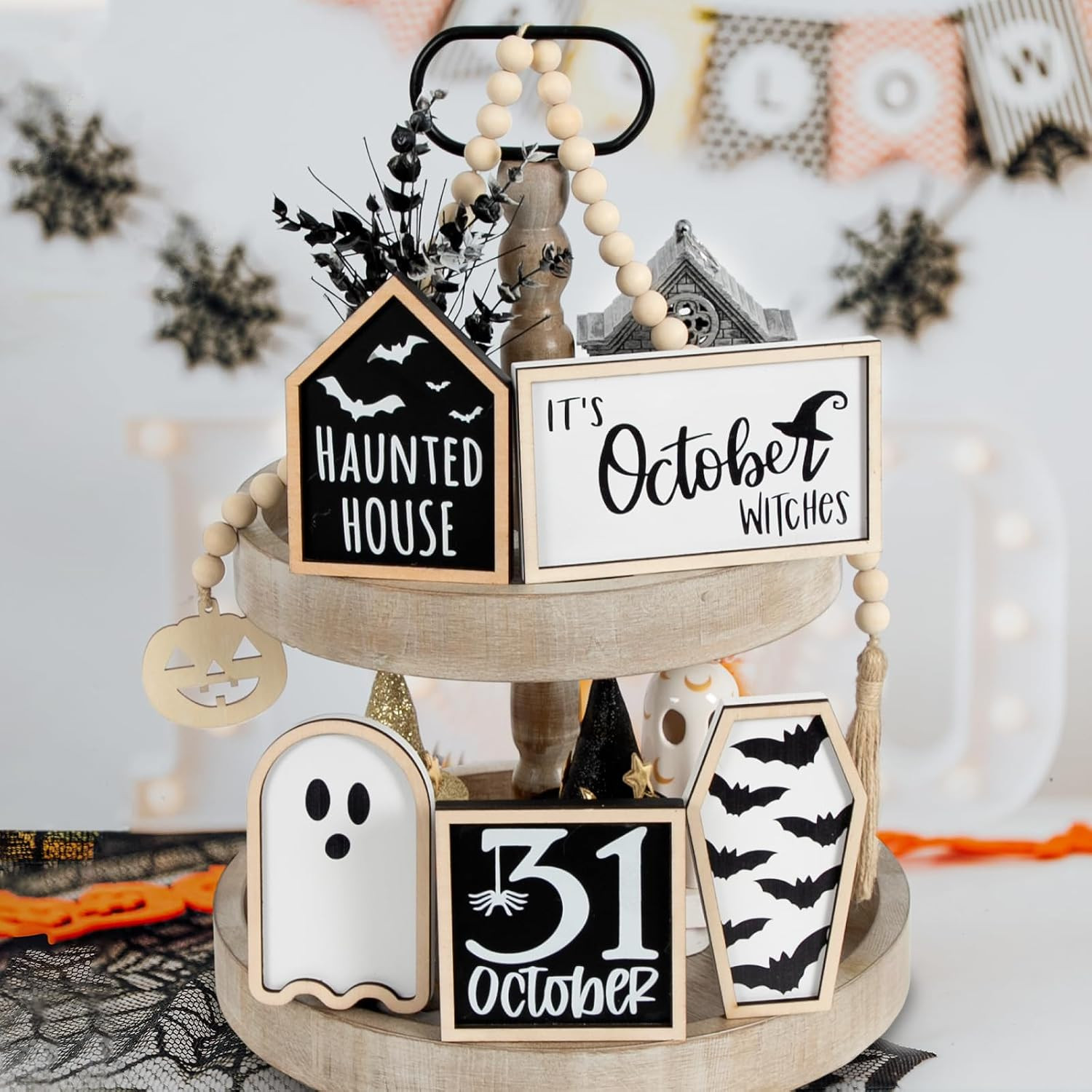 DAZONGE Halloween Decorations | 6PCS Halloween Tiered Tray Decor | Bat Coffin, Haunted House, Ghost, Witches, October 31 Sign, Bead Garland | Halloween Decor | Halloween Centerpiece for Table Shelf | Amazon (US)