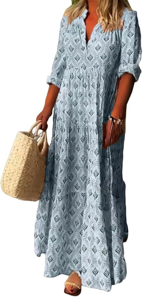 MARSVOVO Women's Floral Print Boho Maxi Dress Long Sleeve Mock Neck High Waist Casual Comfort Bea... | Amazon (US)