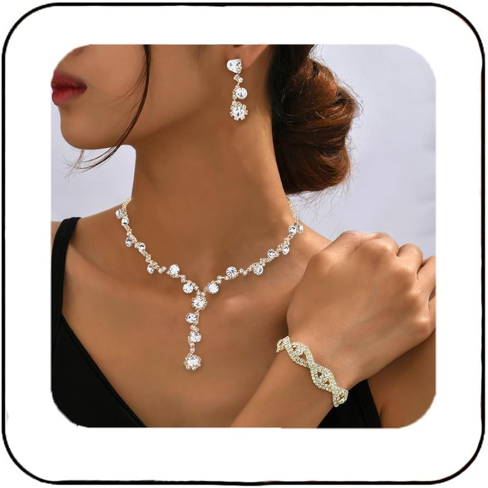 Unicra Rhinestone Bride Wedding Jewelry Sets Bridal Necklace Bracelet Earrings Set Prom Costume J... | Amazon (US)
