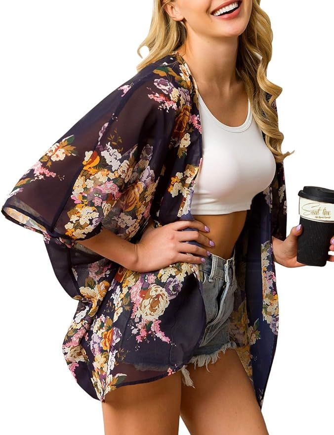 Traleubie Women's Beach Cover Up Floral Print Chiffon Summer Swimwear Kimono Cardigan | Amazon (US)