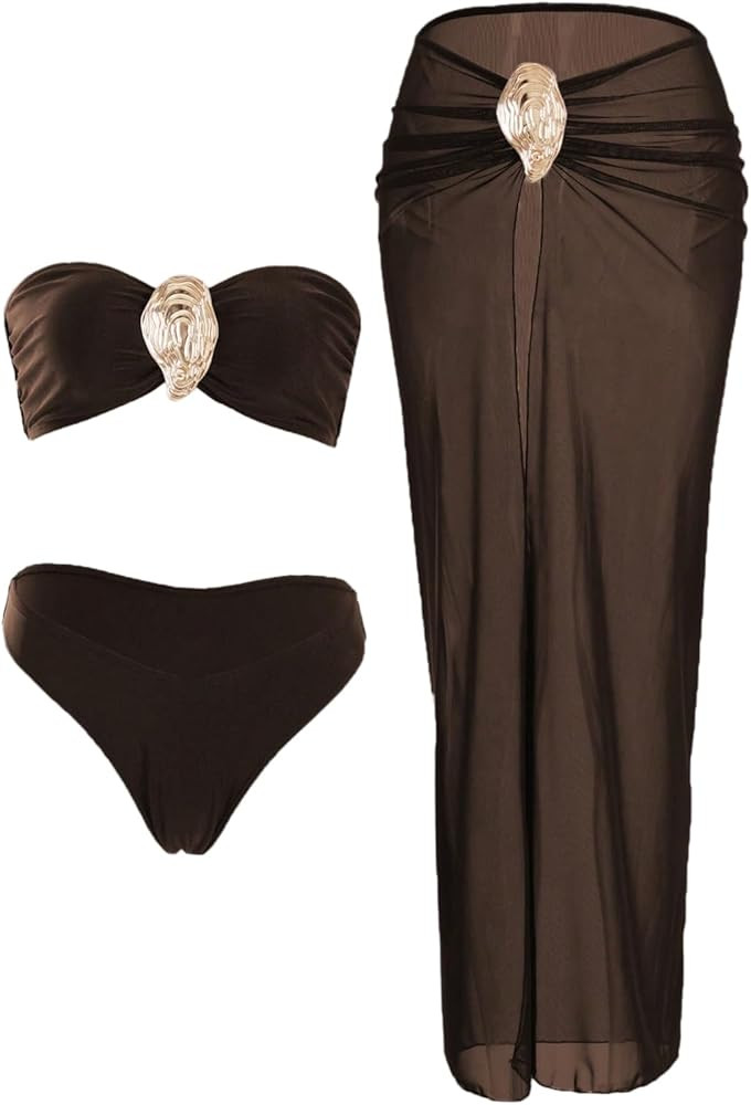 GORGLITTER Women's Strapless Bandeau Swimsuits High Waisted Bikini Sets with Beach Sarong Coverup... | Amazon (US)