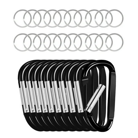 KFFKFF Set of 10 Black Carabiner Clip with Spring Snap Keychain Clip Hook 3.07 D Ring Shaped Aluminum Alloy Carabiner Comes with 20 Keyrings Versatile for Camping Hiking Backpacking | Walmart (US)