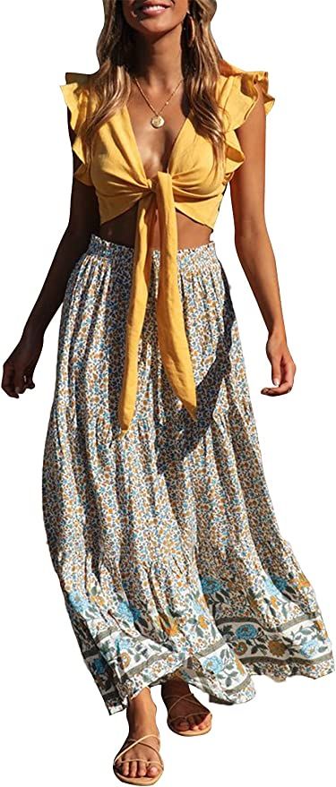 ZESICA Women's Bohemian Floral Printed Elastic Waist A Line Maxi Skirt with Pockets | Amazon (US)