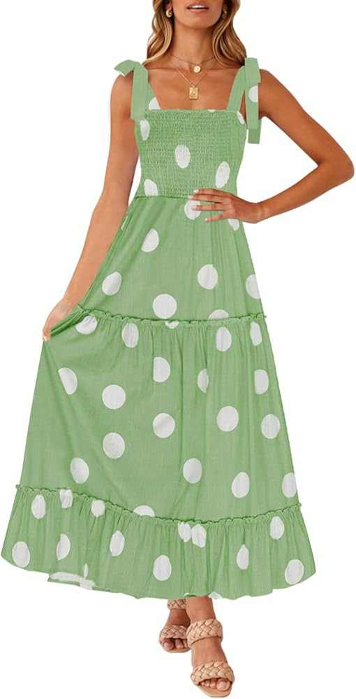 ZESICA Women's Summer Boho Spaghetti Strap Square Neck Solid Color Ruffle A Line Beach Long Maxi Dre | Amazon (US)