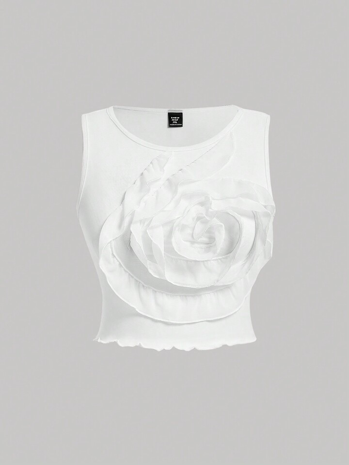 SHEIN MOD Plus Size Women's White Slim Fit Tank Top With 3d Flower Design, Elastic Mesh Fabric, S... | SHEIN