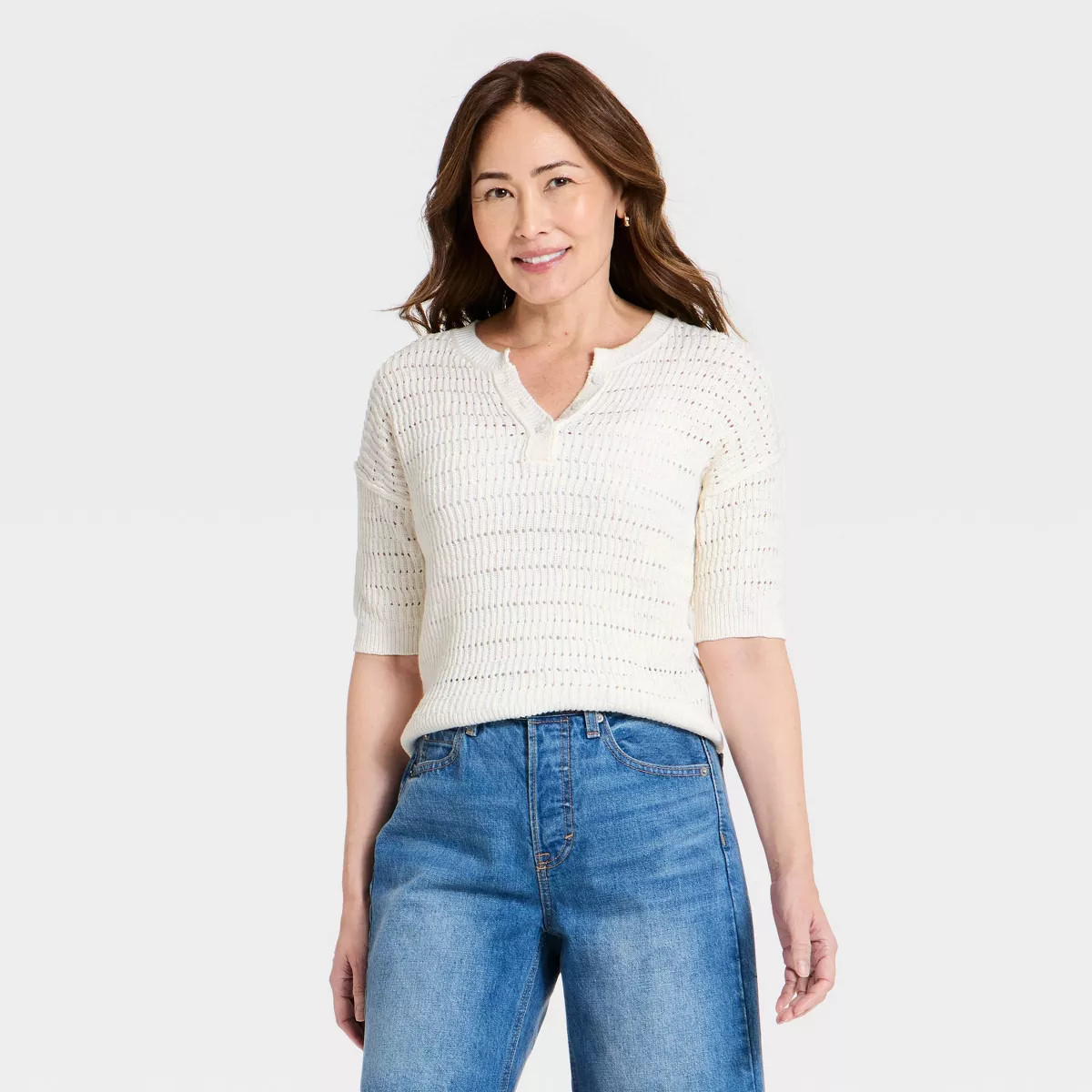 Women's Short Sleeve Button-Up Crewneck Pullover Sweater - Universal Thread™ Cream S | Target