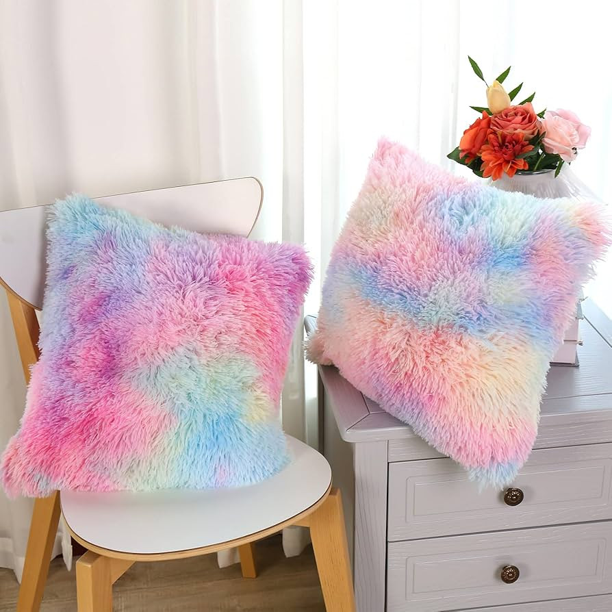 Soft Faux Fur Throw Pillow Covers Pack of 2 Peach Blush Plush Decorative Tie Dye Pink Throw Girls... | Amazon (US)