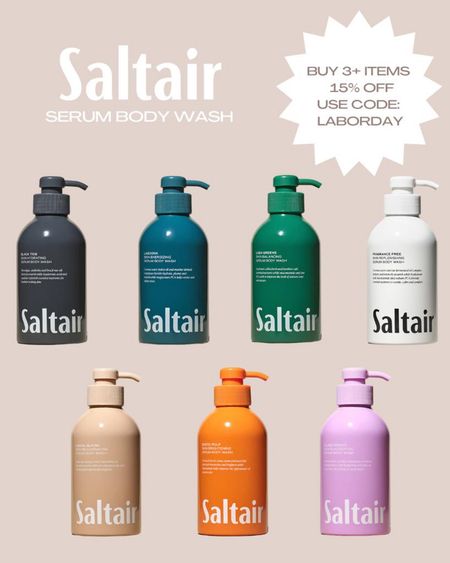 Labour day sale at Saltair skincare inspired body products that come in beautiful sustainable aluminium bottles and have a plush cushiony serum texture filled with skincare ingredients to gently cleanse without stripping skin and creating a spa like environment with their unique tropical scents they are only $12 for 17floz you can mix and match and collect fragrence collections in body lotion and natural skincare deodorant too! Such a gorgeous gift or upgrade for your bathroom😍 

#ltkunder15 
#giftidea #bodywash #saltair 

#LTKSale #LTKbeauty #LTKhome
