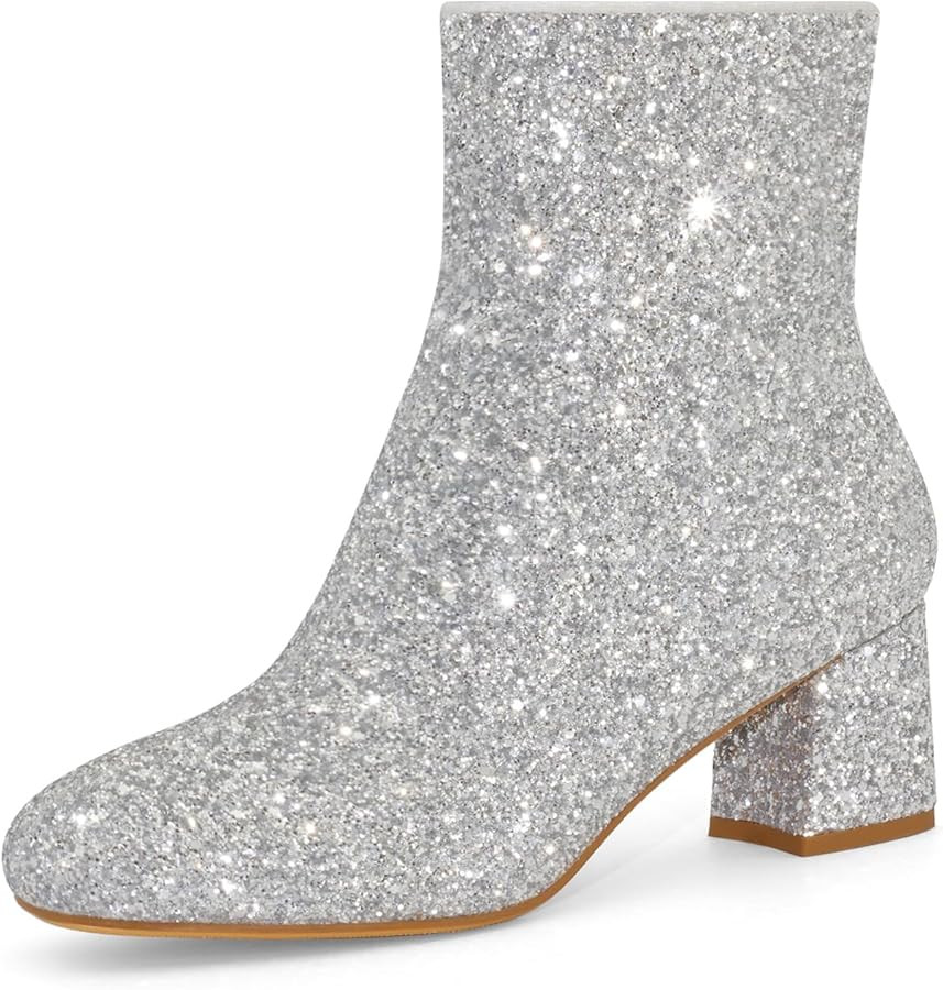 Women's Glitter Ankle Boots Sequin Sparkly Booties Block Heel Side Zip Zipper Wedding Party Dress... | Amazon (US)