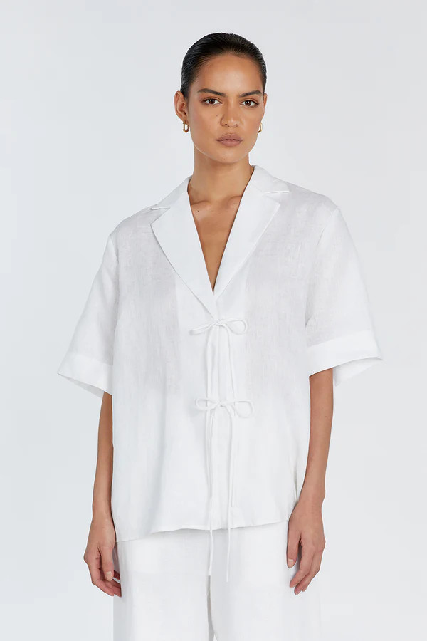 EMELIA WHITE LINEN WRAP SHIRT | DISSH