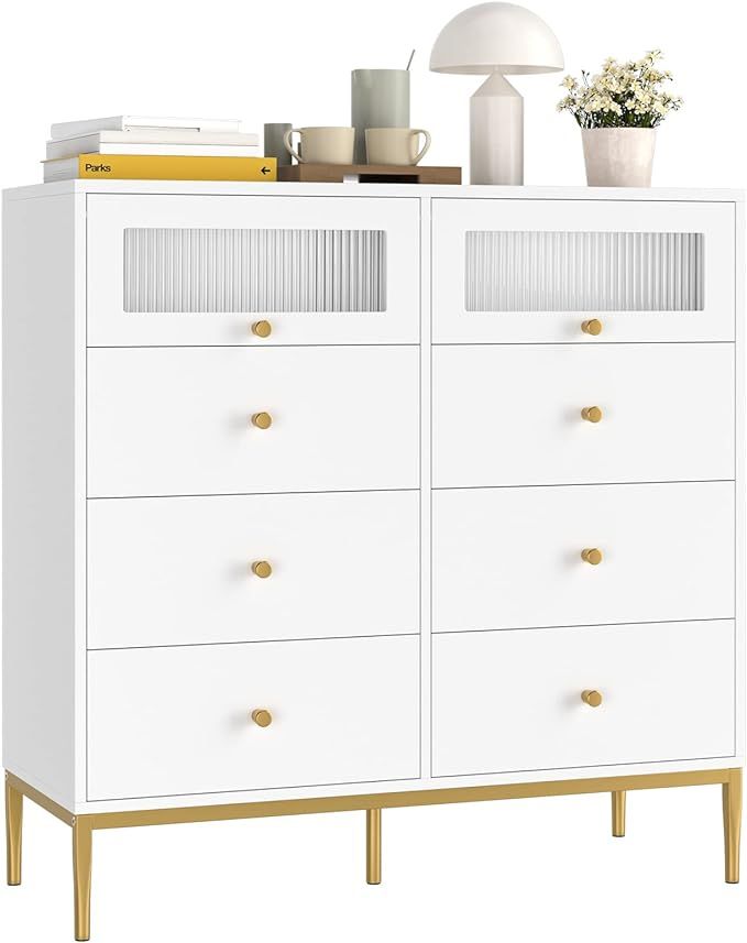 finetones White Dresser, 8 Drawer Dresser White and Gold Dresser with Fluted Glass Door and Gold ... | Amazon (US)