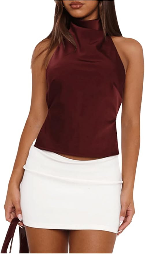SOLY HUX Women's Satin Halter Backless Crop Top Sexy Sleeveless Tank Shirts Festival Party Clubwe... | Amazon (US)