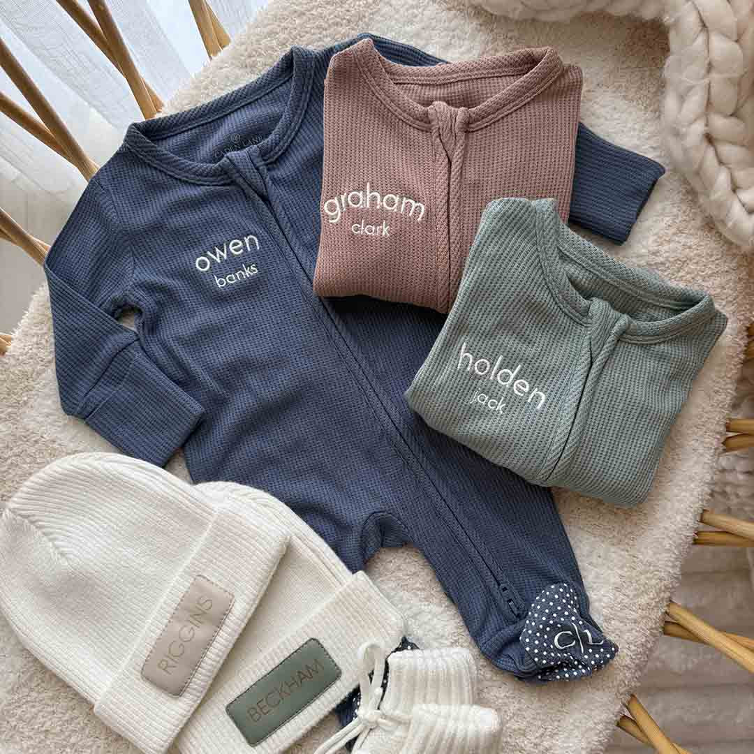Embroidered Bamboo Waffle Zipper Footie | Mountain Haze | Caden Lane