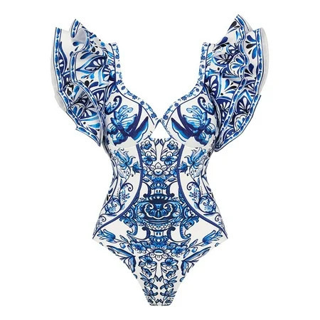Flaxmaker Women One Piece Swimsuit Set Ruffle Blue and White Porcelain Pattern Print Two Piece Bathing Suit Swimwear | Walmart (US)
