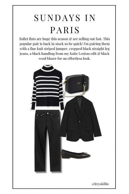 Ballet flats are huge this season & are selling out fast. This popular pair is back in stock so be quick! I'm pairing them with a fine knit striped jumper, cropped black straight leg jeans, a black handbag from my Katie Loxton edit & black wool blazer for an effortless look.

#LTKeurope #LTKstyletip #LTKSeasonal