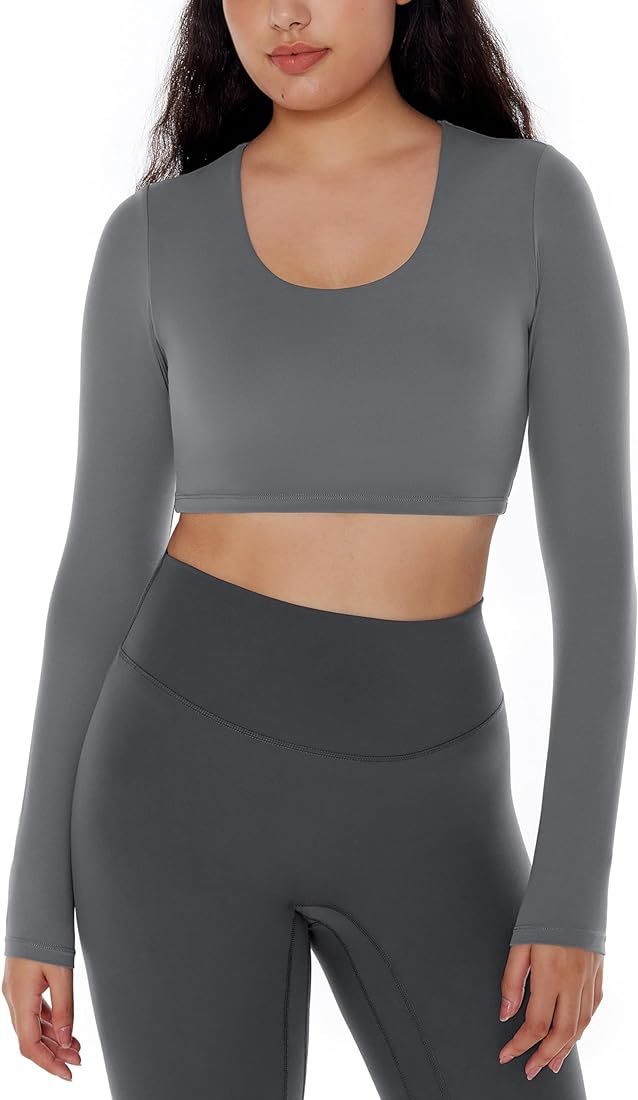 ENERBLOOM Long Sleeve Crop Tops for Women Workout Tee Built in Bra Cream Feeling Athletic Mild Su... | Amazon (US)