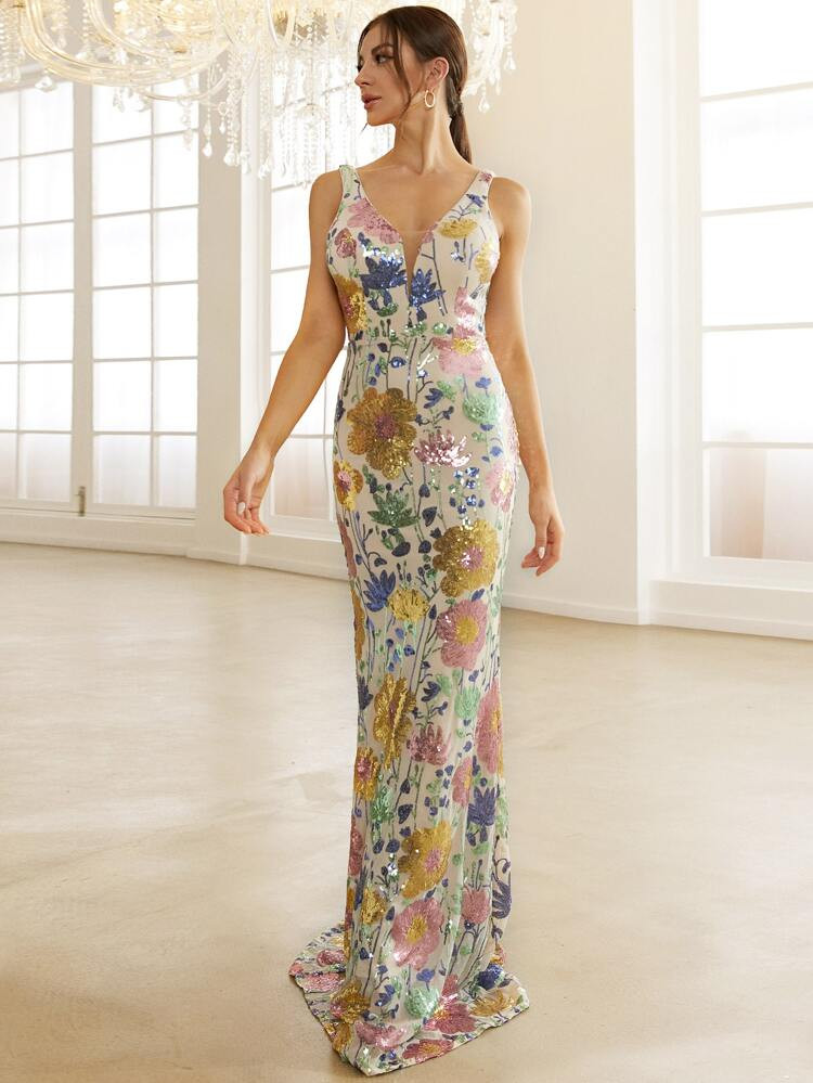 Missord Floral Sequins Contrast Mesh Prom Dress | SHEIN