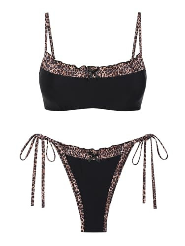 seamoly Leopard Spliced Ruched Ruffles Trim Bowknot Decor Tie Side Bikini Set,Black,XS | Amazon (US)