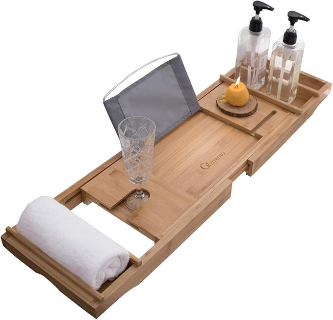 GEZITREND Luxury Bamboo Bathtub Caddy Tray Bathroom Furniture Expandable and Nonslip Bath Caddy w... | Amazon (US)