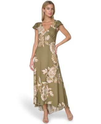 Calvin Klein Women's Printed V-Neck Midi Dress - Light olive multi | Macy's