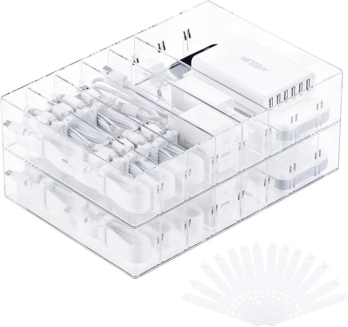 2Pcs Cable Charger Organizer Box, Large Cords Storage Organizer with Adjustable Compartments and ... | Amazon (US)