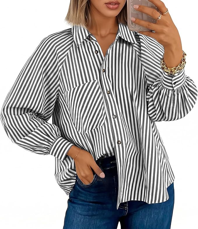 Tankaneo Womens Long Puff Sleeve Tops Button Down Shirts Fall Casual Blouse | Long Sleeve, Stripe... | Amazon (US)