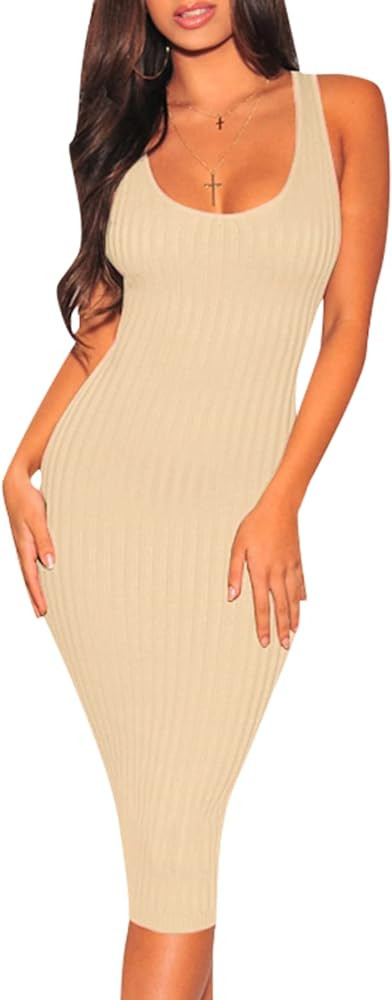 Women's Sexy Casual Bodycon Ribbed Tank Dress Scoop Neck Sleeveless Club Dresses | Amazon (US)