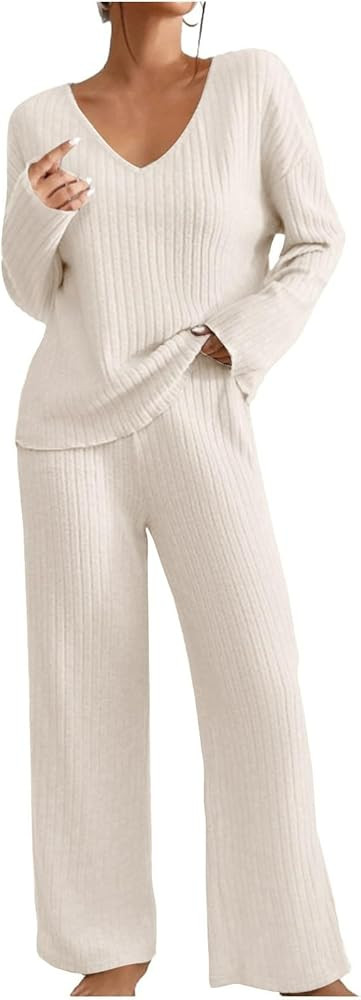 Women 2 Piece Ribbed Knit Set Long Sleeve V Neck Pullover Sweater Top Wide Leg and Wide Leg Pants... | Amazon (US)