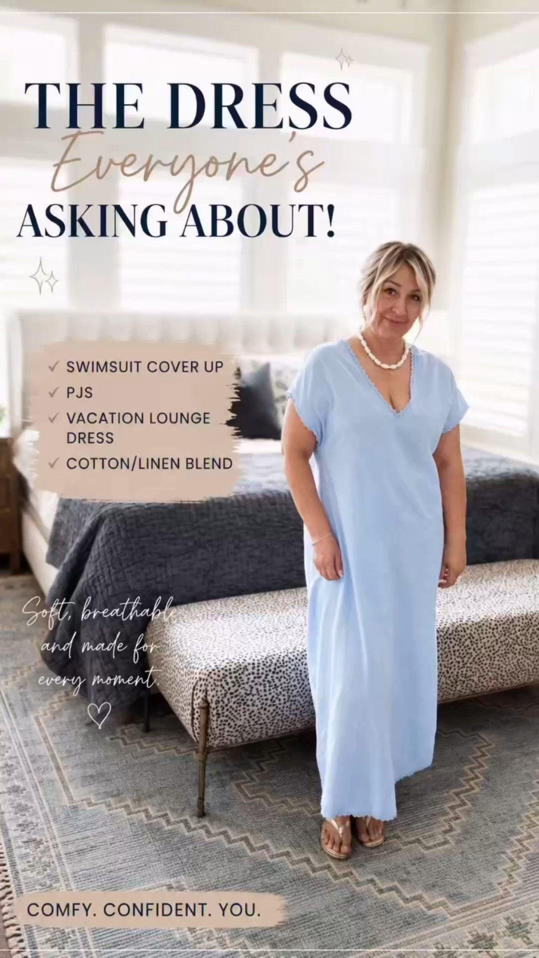 I finally understand why everyone keeps asking about this dress! It’s one of those pieces that works for just about everything—wear it as a swimsuit cover-up, your favorite pajamas, or a vacation lounge dress.

The cotton/linen blend is soft, breathable, and incredibly comfortable, and I love how easy it is to throw on and still feel put together. It’s giving effortless summer style without even trying.

As a 5’6” midsize woman (size 14), I’m always looking for pieces that are flattering, comfortable, and versatile—and this one checks every box.

Would you wear it as PJs, a cover-up, or on vacation? Tell me below! 🤍