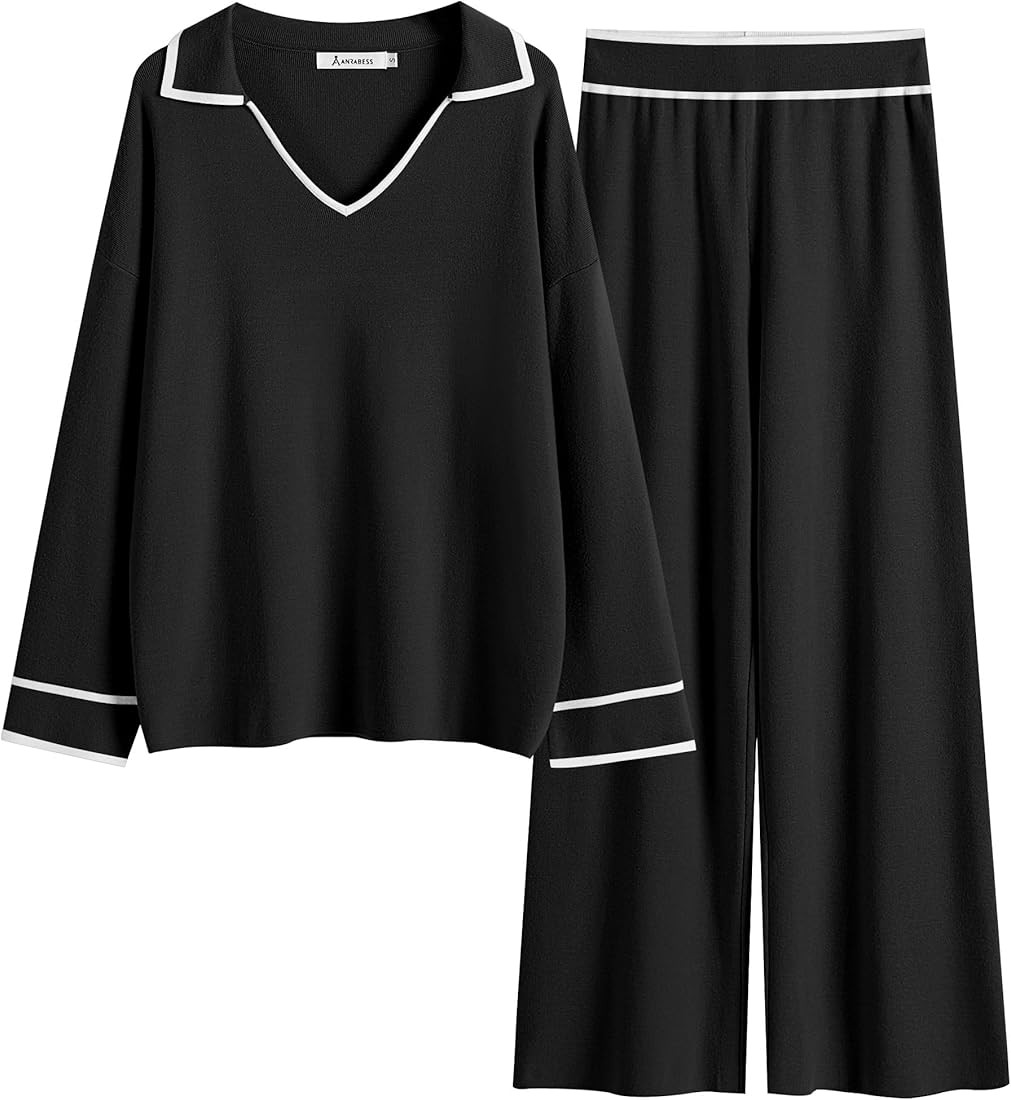 ANRABESS Womens 2 Piece Outfits Lounge Set V Neck Long Sleeve Knit Pullover Tops and High Waist W... | Amazon (US)
