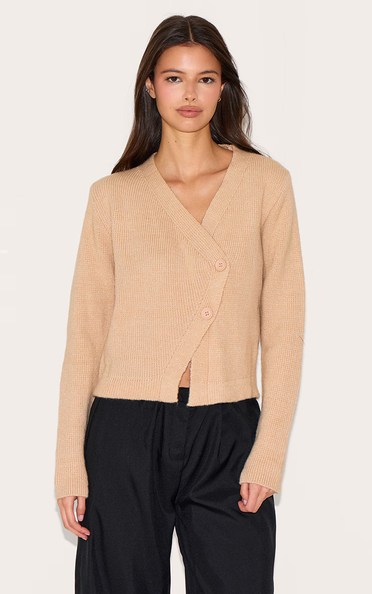 Oatmeal Knit Asymmetric Button Up Cardigan | PrettyLittleThing UK