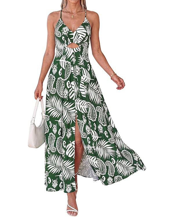 BTFBM Summer Dresses for Women 2026 Spring Floral Spaghetti Strap Smocked Cutout Maxi Dress Resor... | Amazon (US)