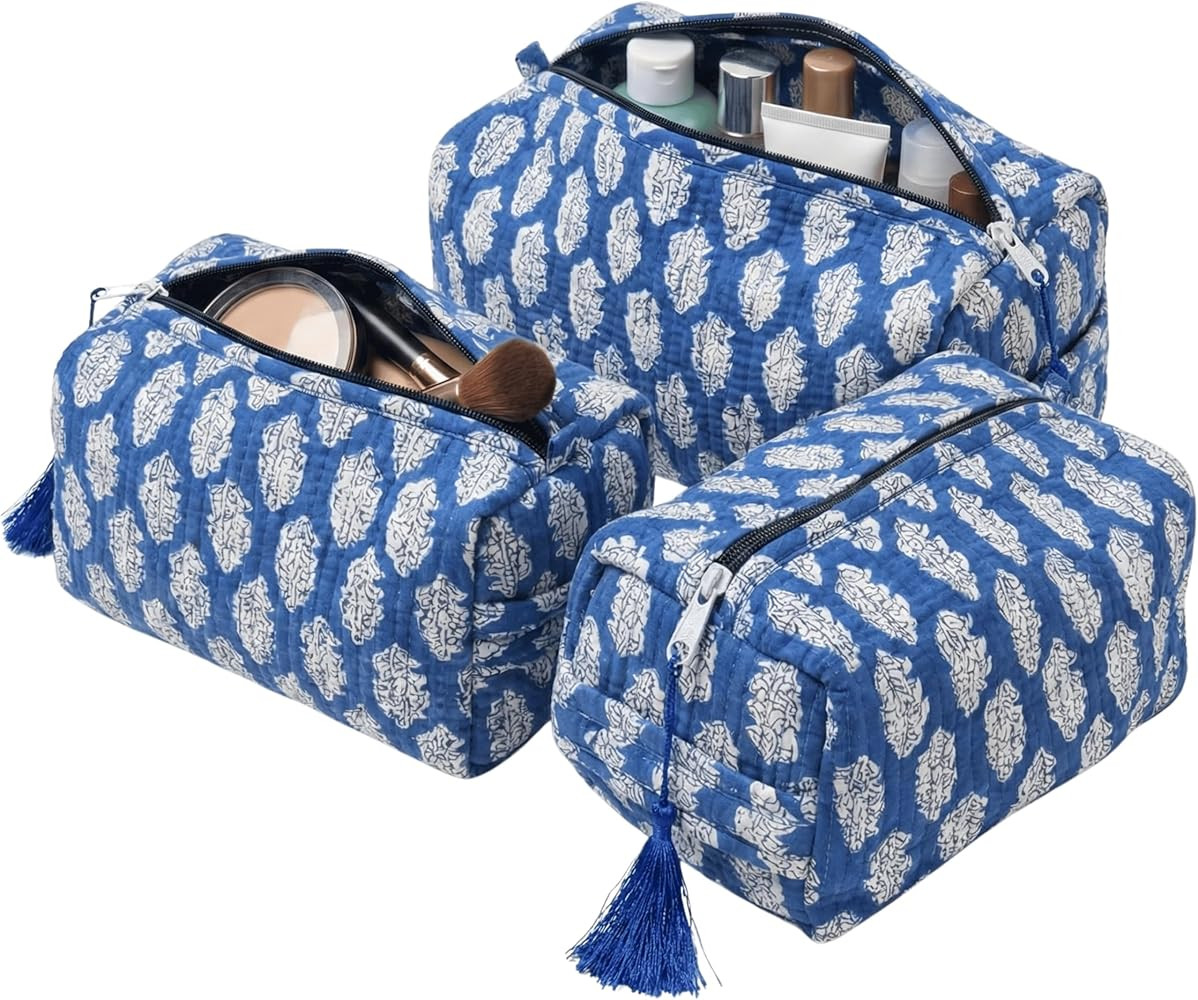 ATOSII Set of 3 100% Cotton Handblock Print Quilted Toiletry Cosmetic Makeup Travel Bag for Women... | Amazon (US)