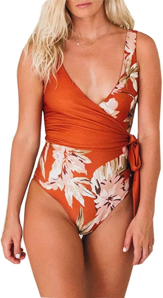 CHYRII Women's One Piece Swimsuit Color Block Wrap V Neck Tie Knot Bathing Suit | Amazon (US)
